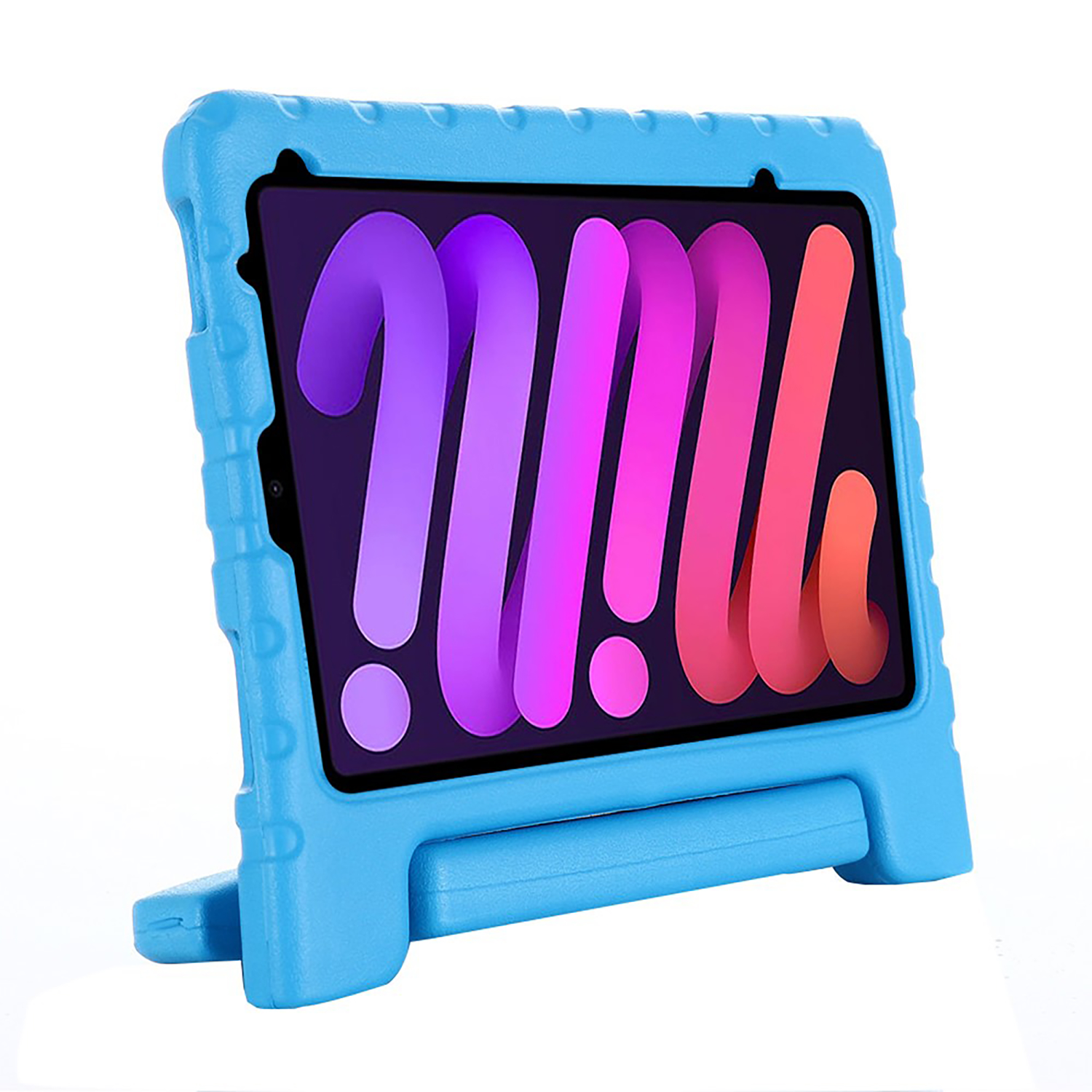 Blue tablet case with a tablet inside. The tablet has a colorful display.