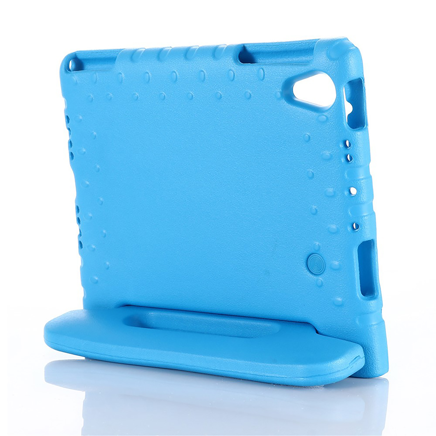 Light blue tablet case, with a built-in stand, with a white background.