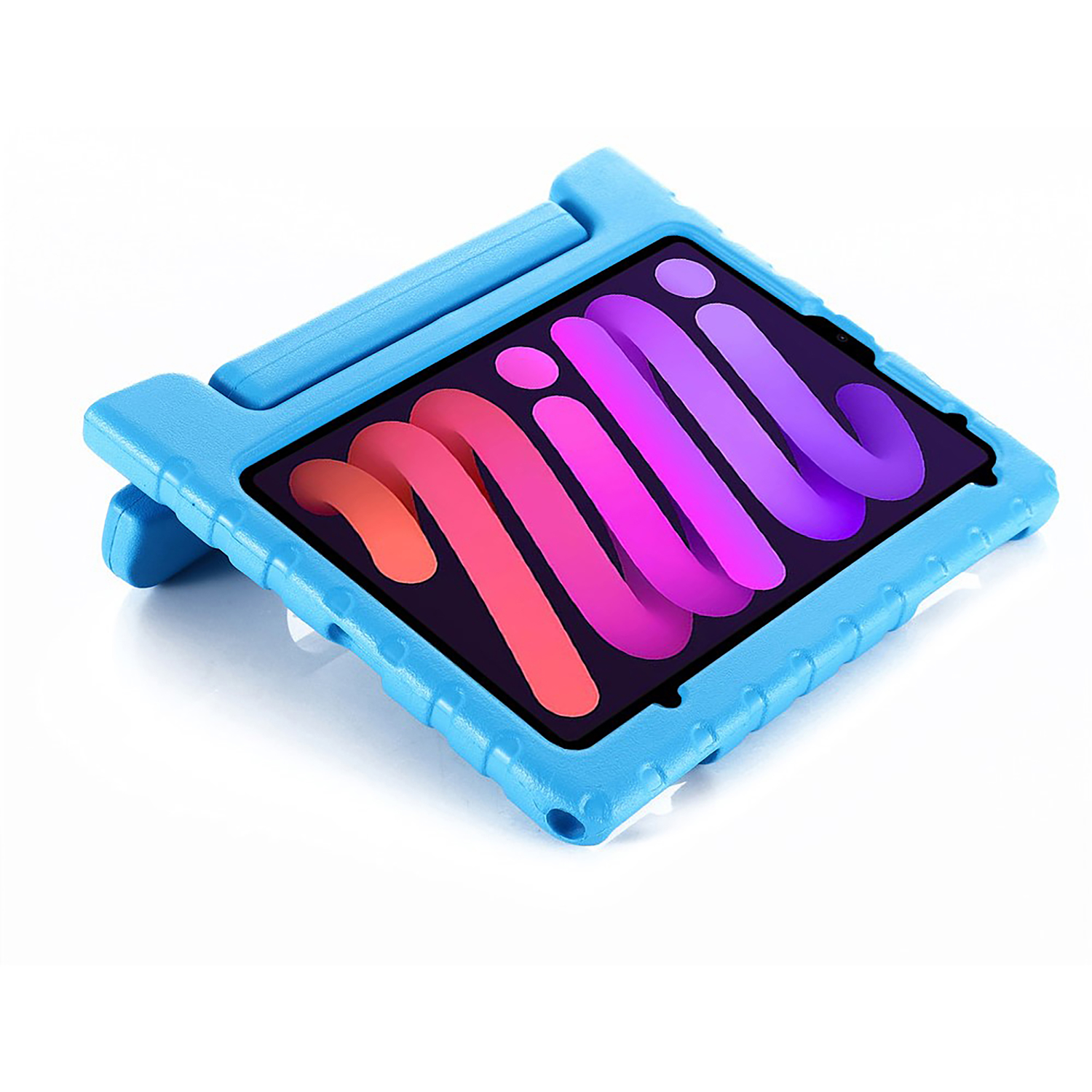 Blue tablet case with a tablet inside. Display shows colorful image. White background.