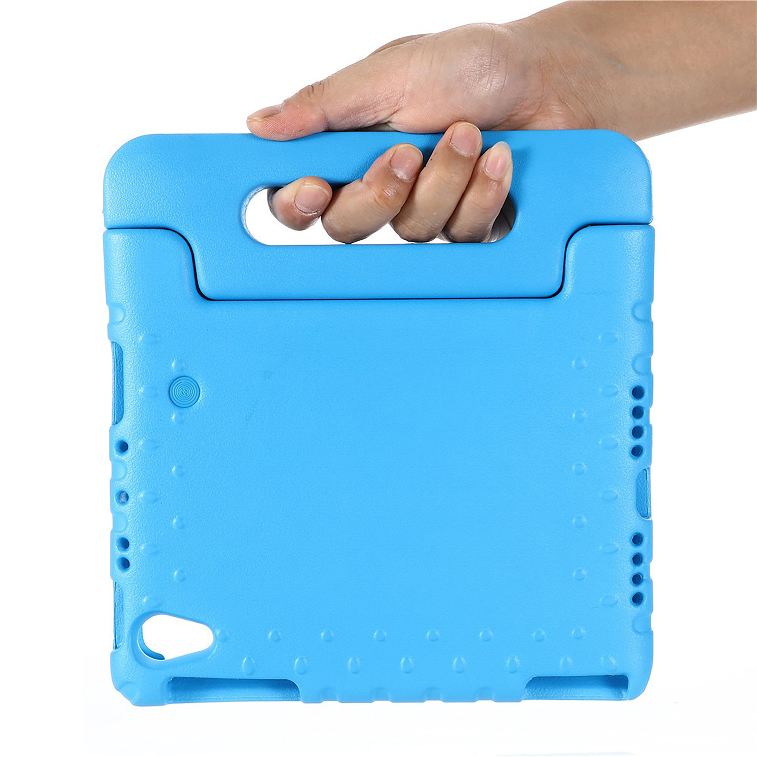 Blue tablet case held by a hand. Has a handle and protective features.