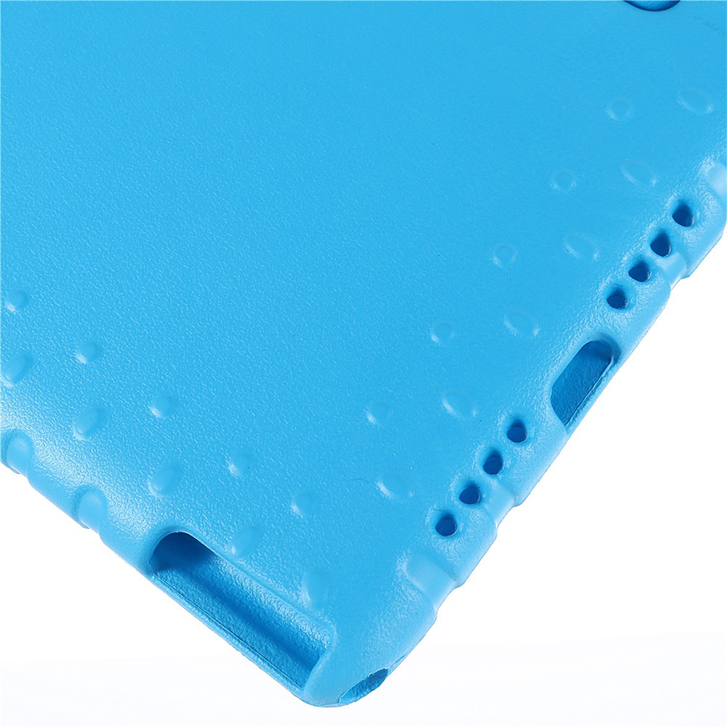 Close-up of a blue tablet case. The surface has a textured pattern with small holes.