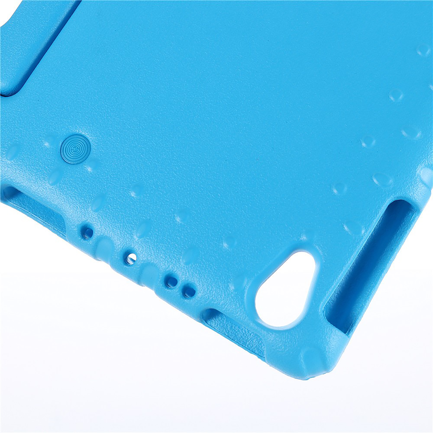 Close-up of a blue tablet case with holes and a button.