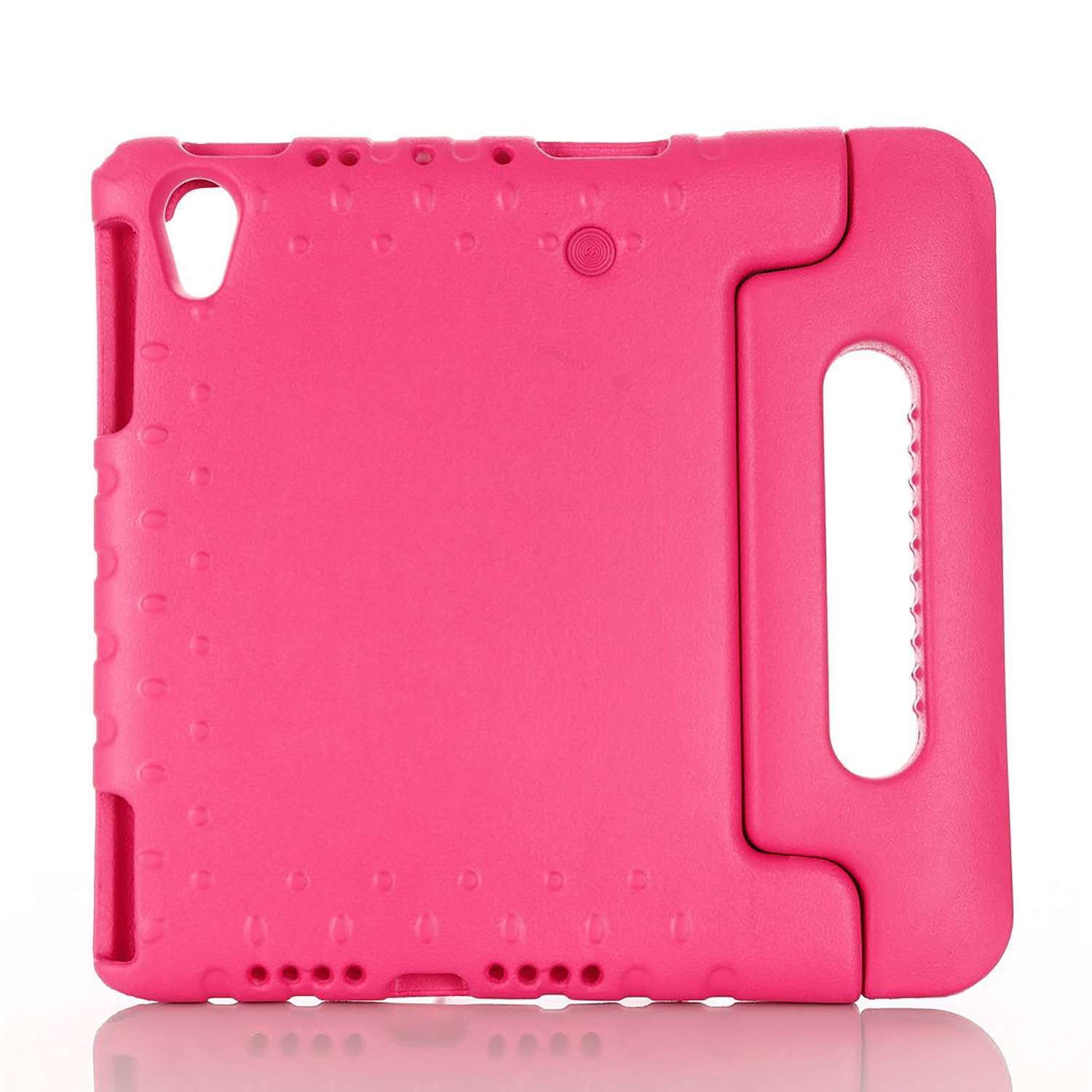 Pink tablet case with handle. It is designed for kids, has a handle and protective features.