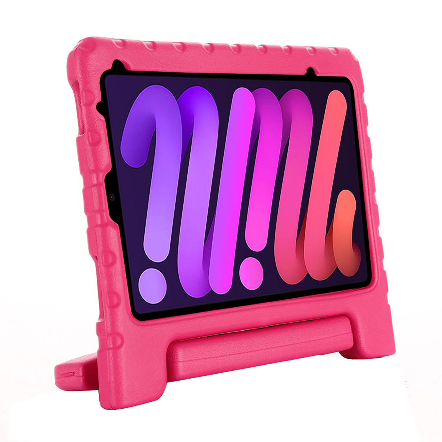 Pink iPad Mini case with a handle and stand. The case is pink, with a colorful screen.