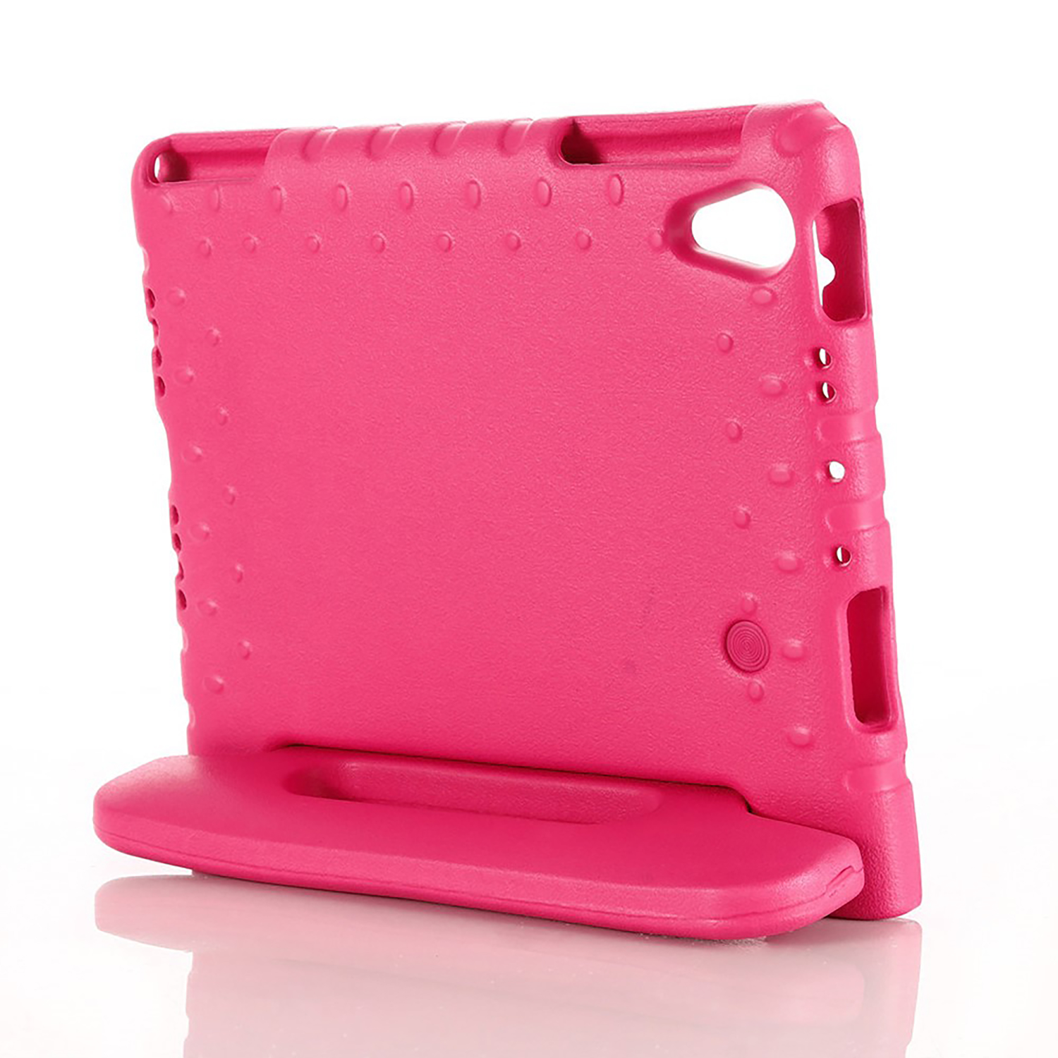 Pink tablet case with handle, standing, white background.
