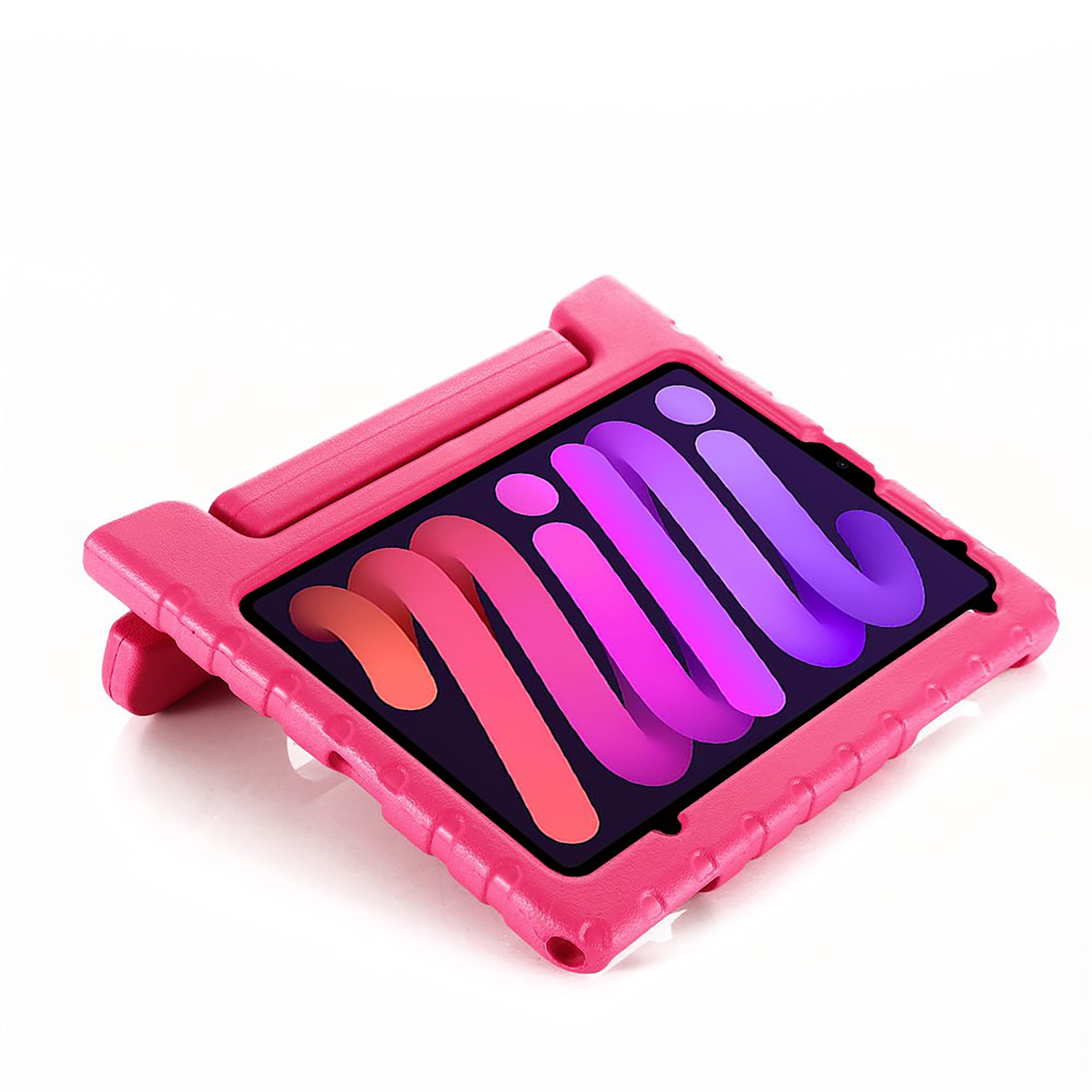 Pink tablet case with a handle and a tablet displaying colorful shapes.