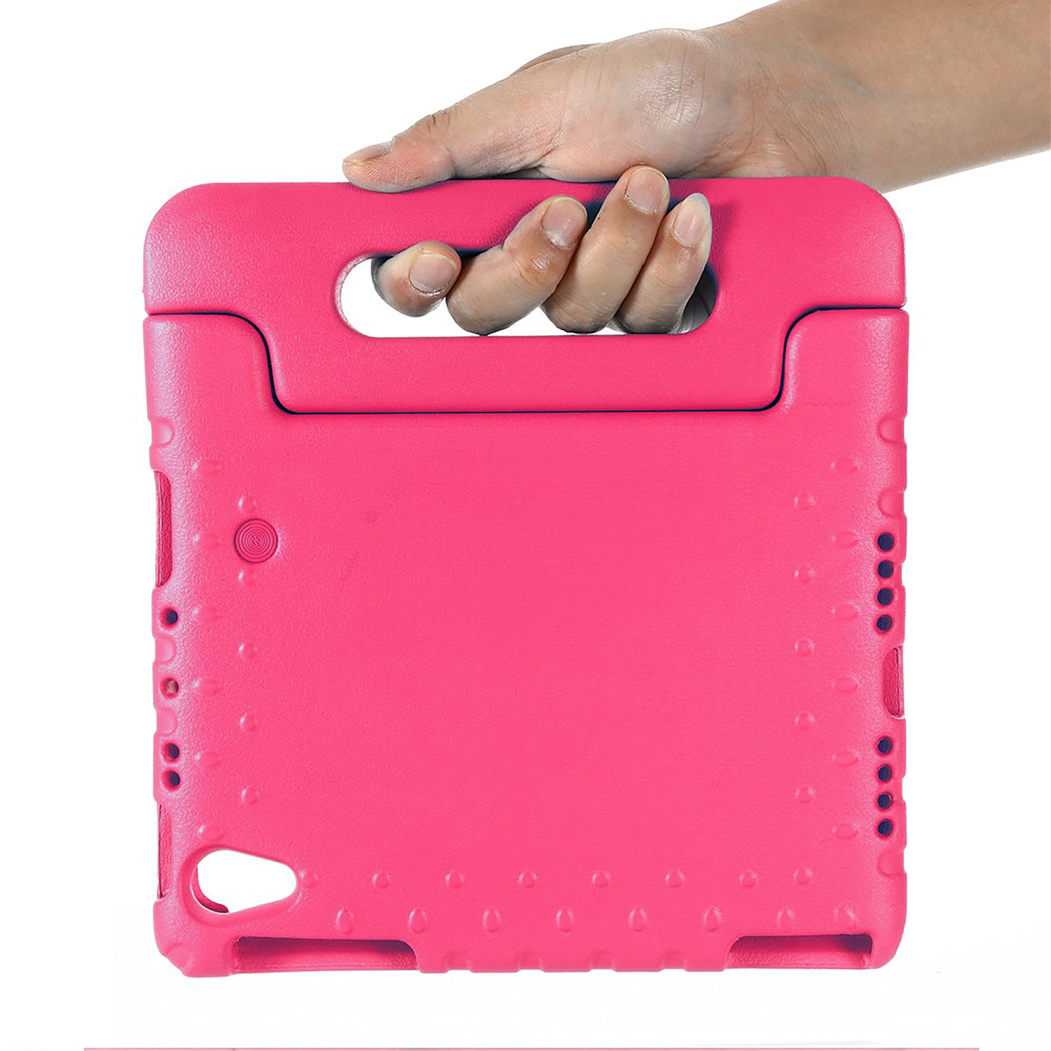 Pink tablet case with a handle. A hand holds the top.