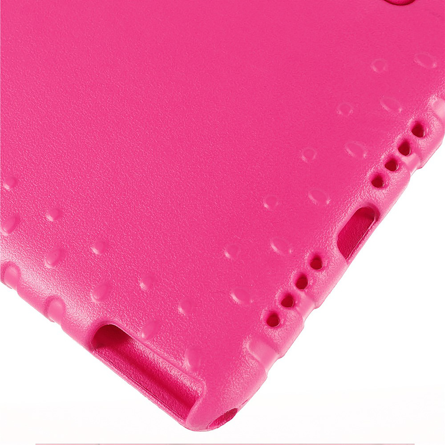 A close-up of a hot pink protective tablet case. The textured surface has small bumps and holes.