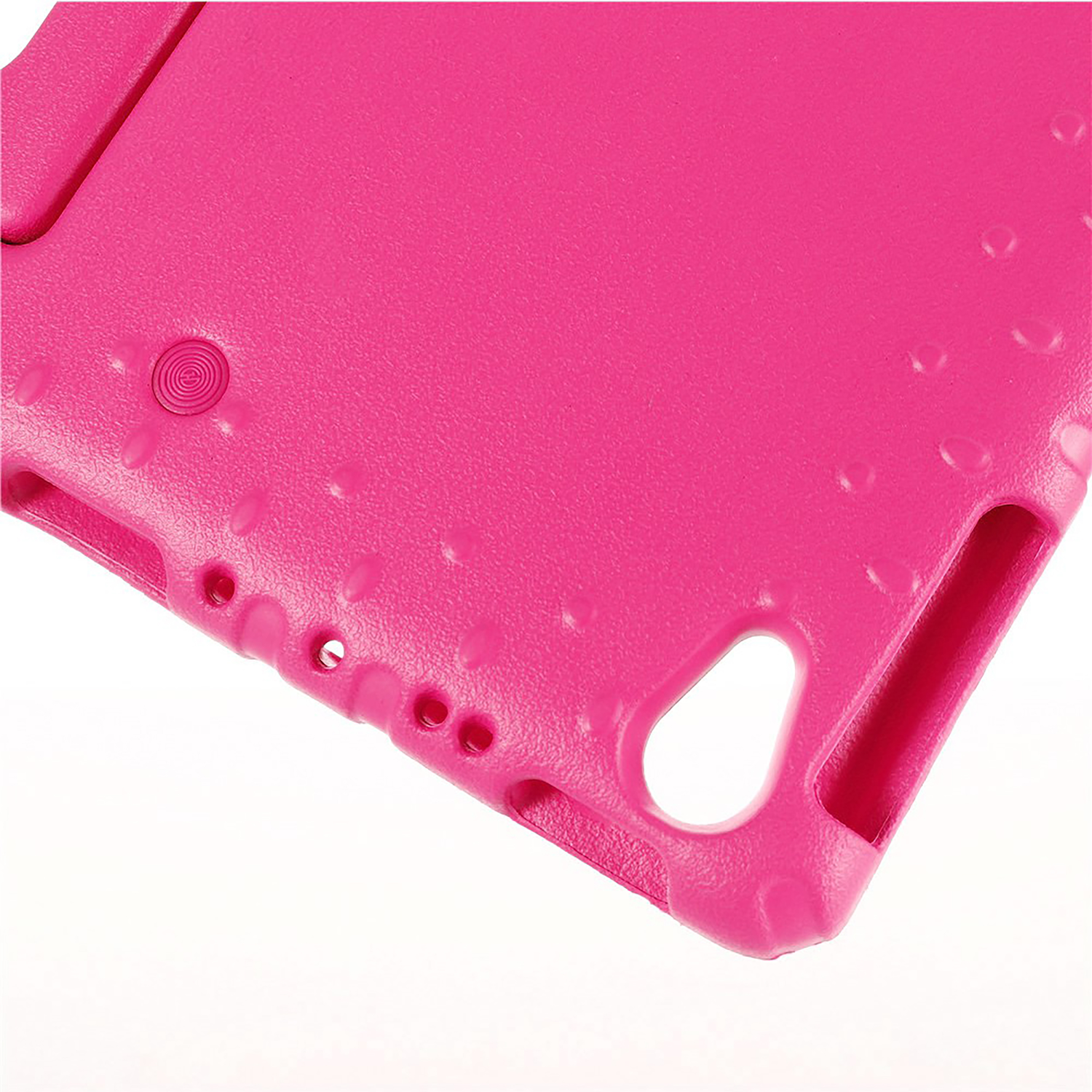 A pink tablet case with cutouts for buttons and holes, on a white background.