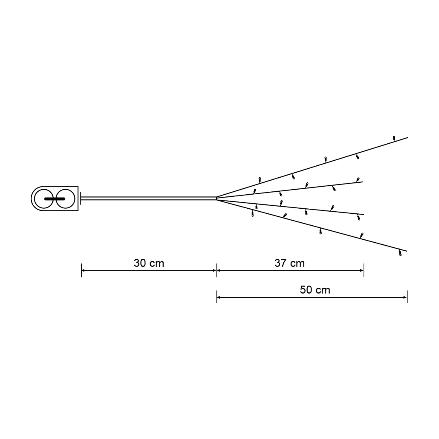 Diagramma di una stringa di luci con dimensioni: 30 cm, 37 cm e 50 cm.