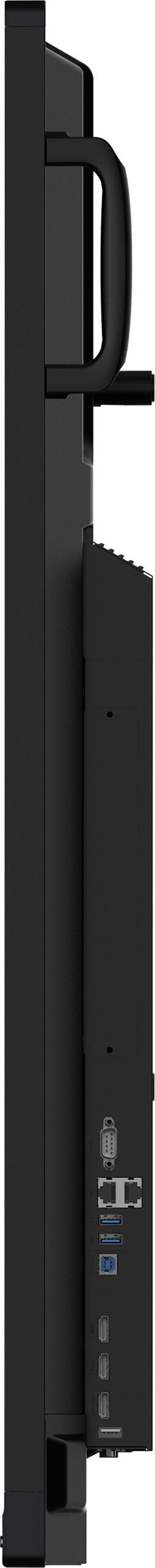 Eine schwarze Seitenansicht eines Monitors mit Griff, Anschlüssen und Ständer.