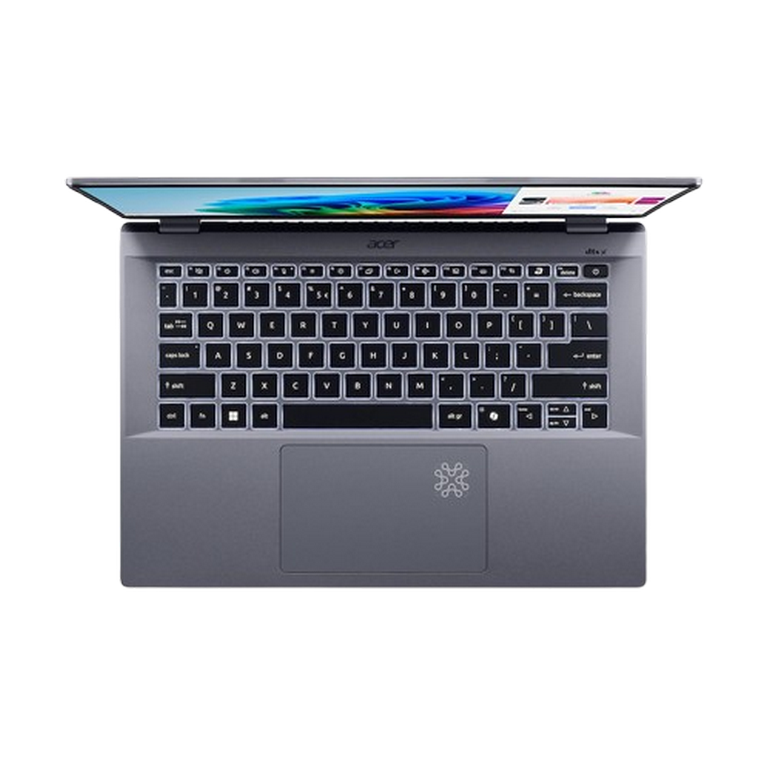 Vista cenital de una laptop Acer. El teclado es visible. La pantalla está abierta.