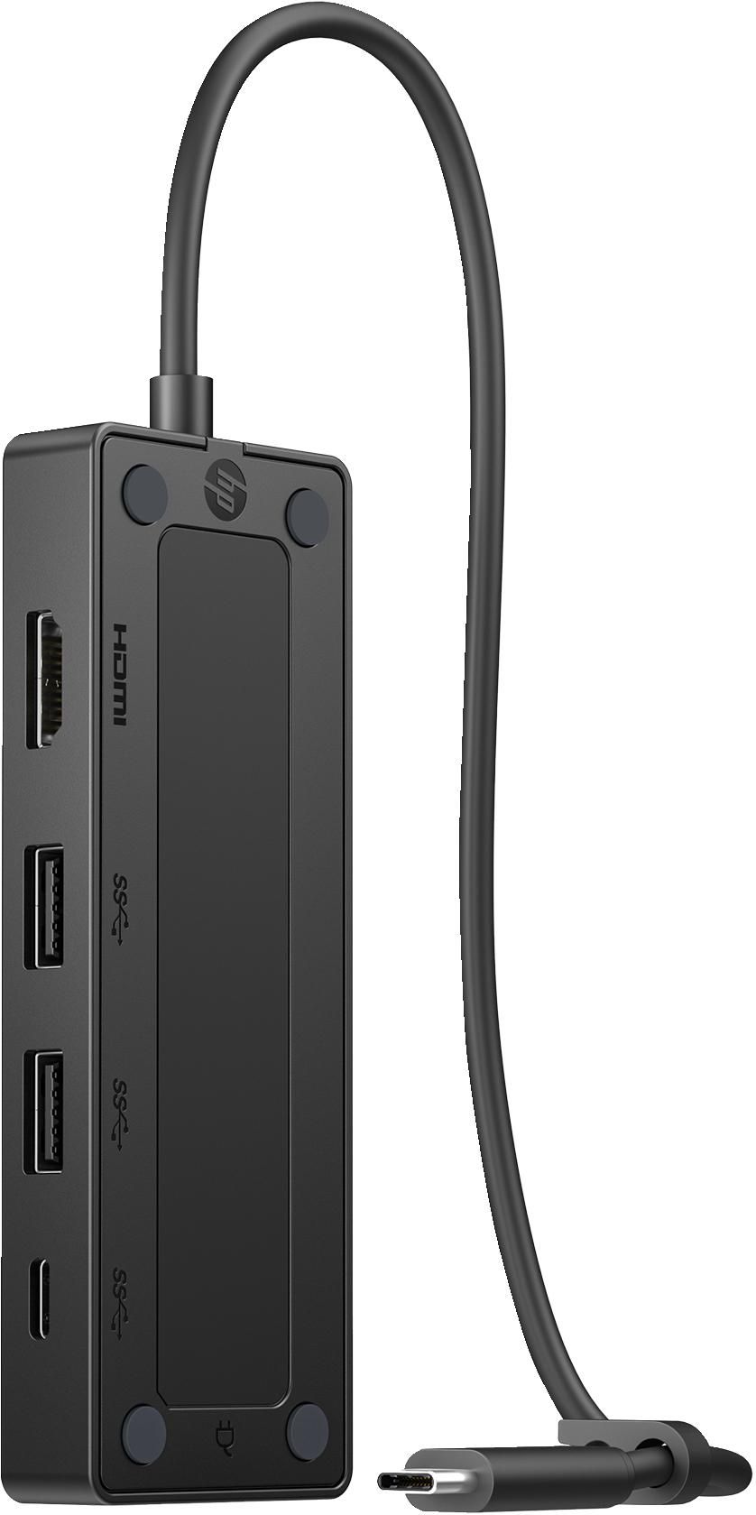 Schwarze HP Dockingstation mit Anschlüssen: HDMI, USB und USB-C-Kabel.