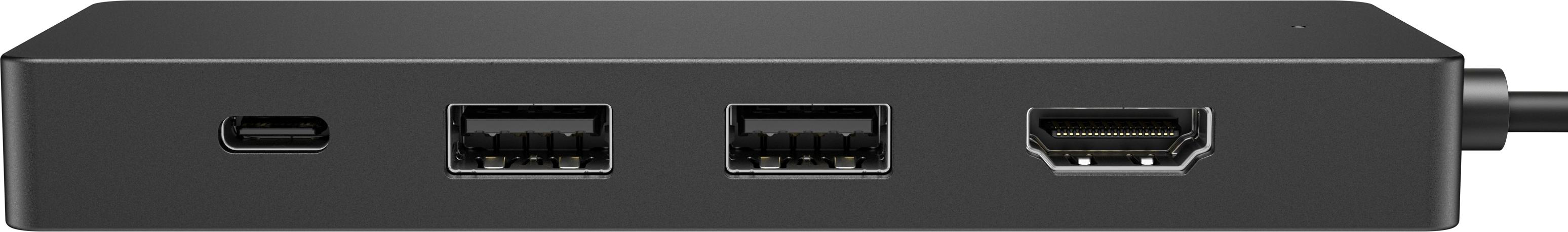 Schwarzer Hub mit mehreren Anschlüssen: USB-C, zwei USB und HDMI. Ein schwarzes Kabel ist angeschlossen.