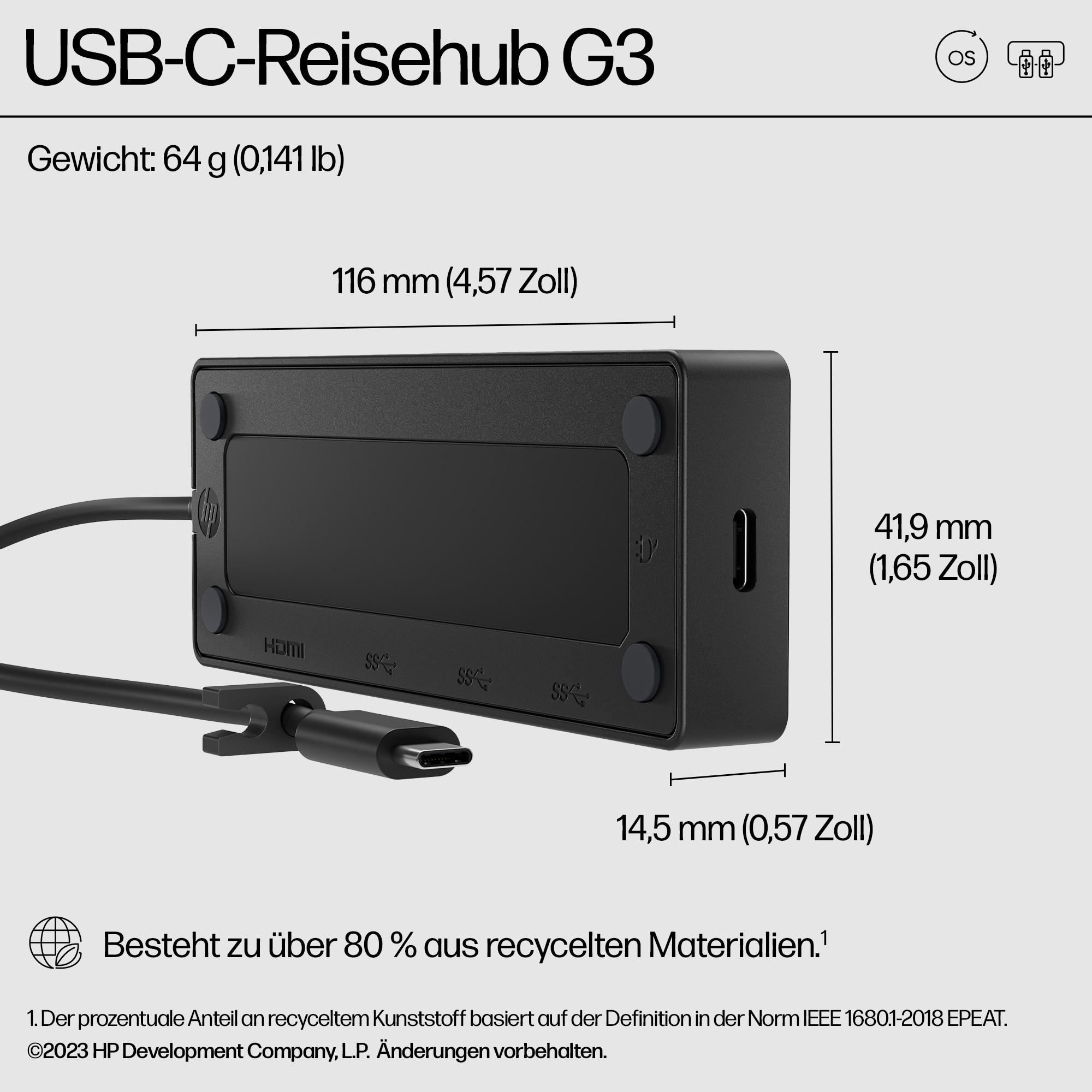 Schwarzer USB-C-Reisehub mit Maßen und Text, einschließlich 'USB-C-Reisehub G3' auf weißem Hintergrund.