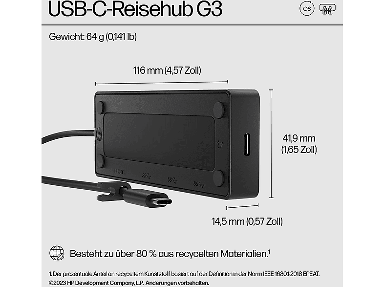 Thumbnail - HP - B2B USB-C Reisehub G3, Schwarz