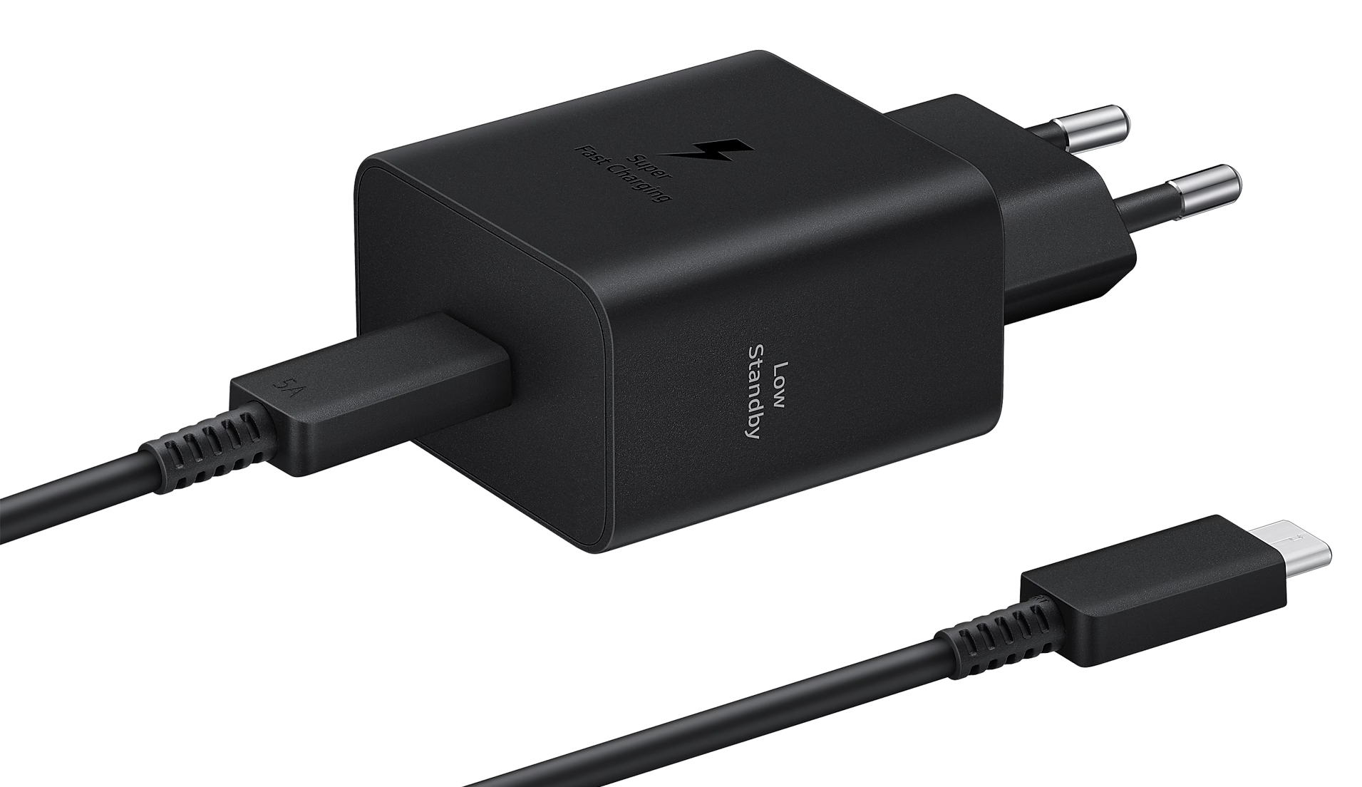 Fekete Samsung töltő kábellel. A töltőn a 'Super Fast Charging' felirat, USB-C véggel.