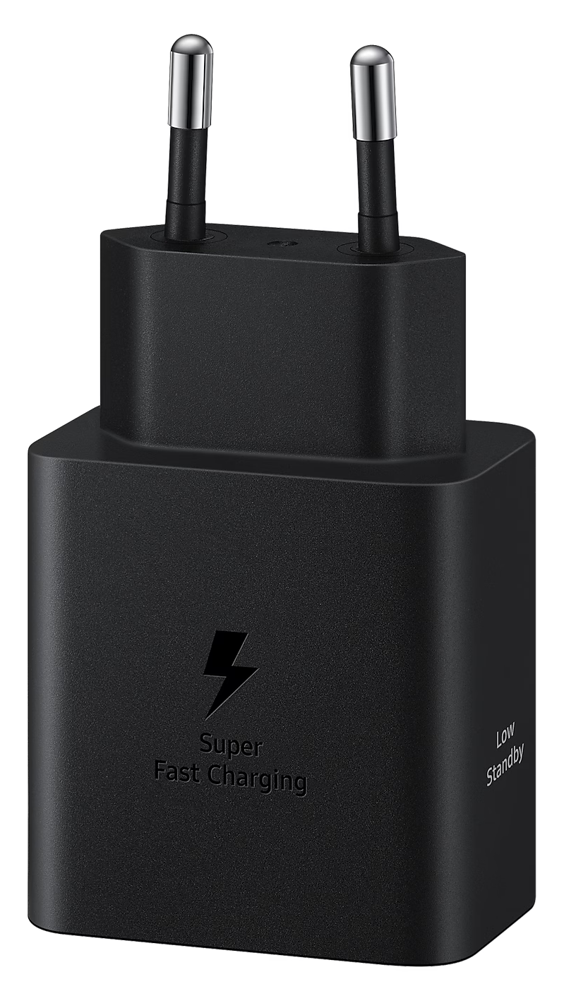 Egy fekete telefontöltő villám szimbólummal és 'Super Fast Charging' felirattal.