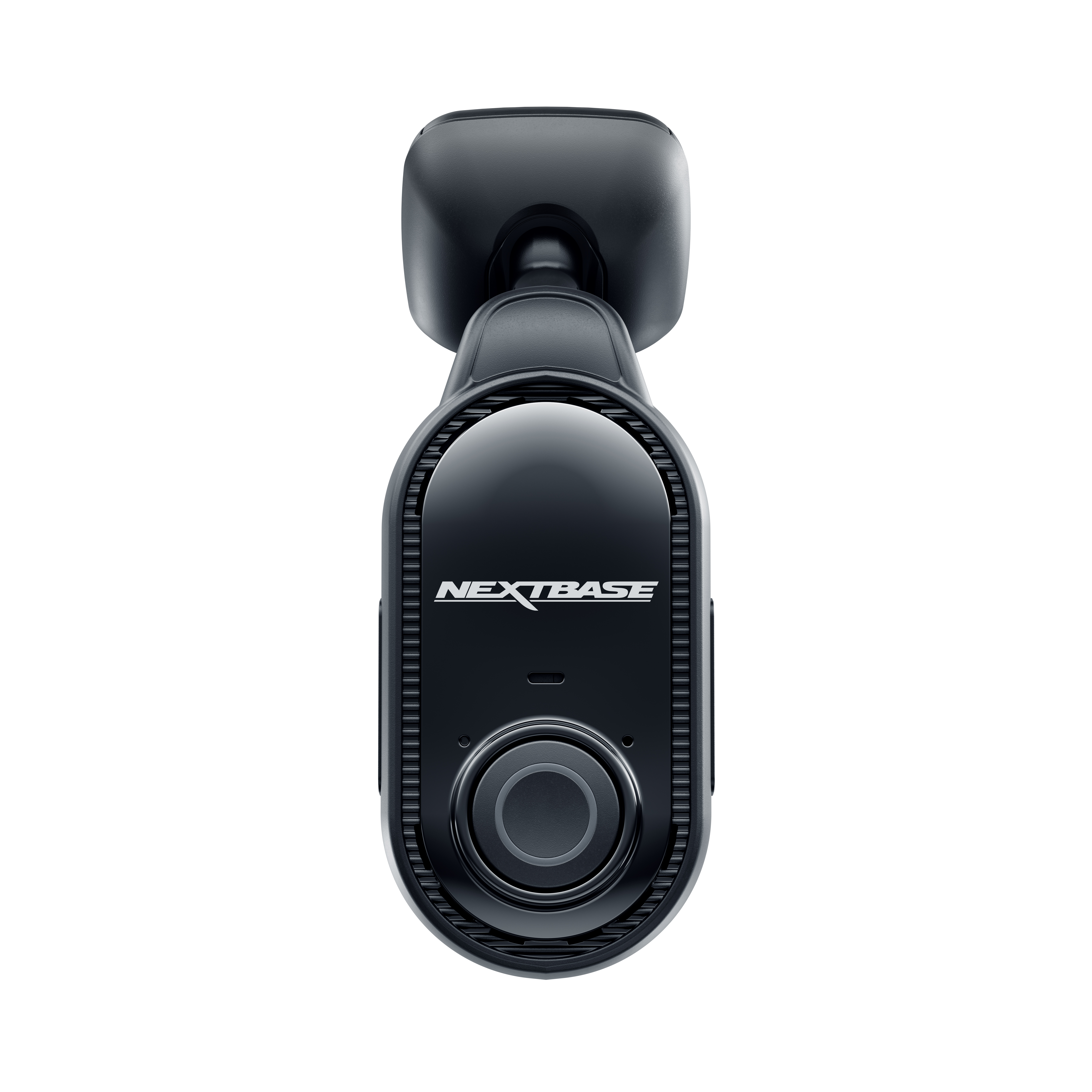 Eine schwarze Dashcam auf weißem Hintergrund, mit dem Nextbase-Logo und einem prominenten Objektiv.