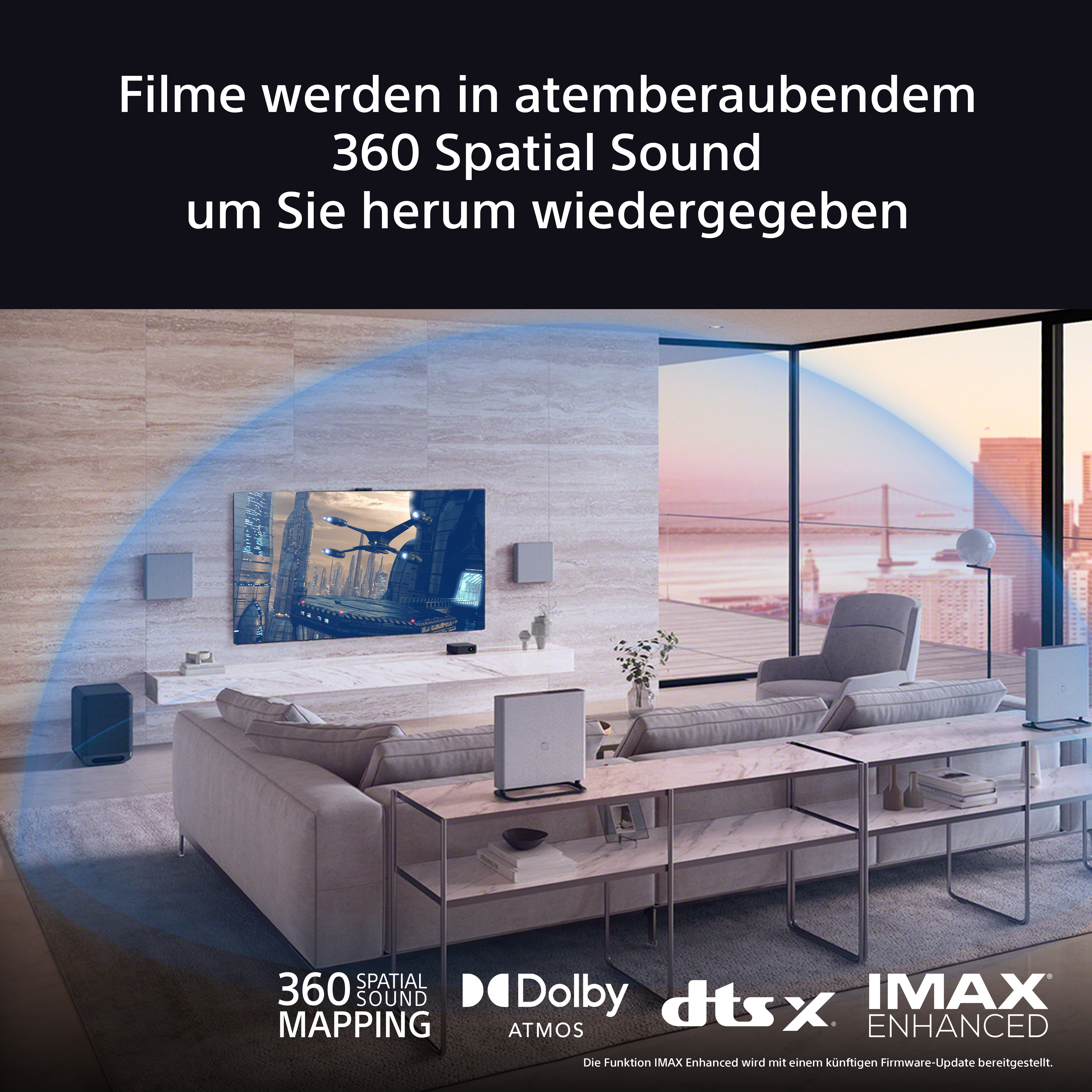 Ein Wohnzimmer mit Fernseher, Lautsprechern und Text über 360 Spatial Sound Mapping.