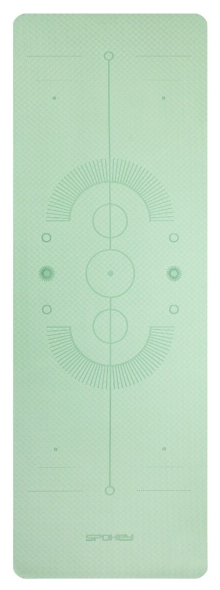 Miętowa mata do jogi z wzorem. Ma linie i okręgi do wyrównywania.