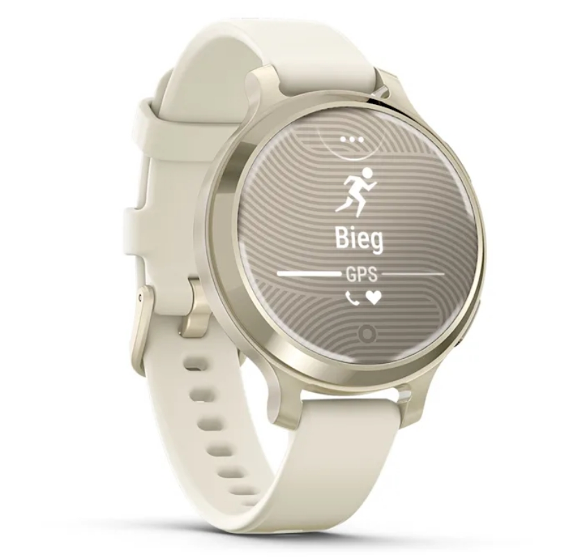 Kremowy smartwatch. Ma okrągłą tarczę i biały pasek. Wyświetla ikonę biegania.