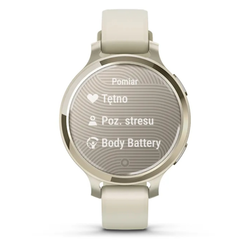 Smartwatch wyświetlający opcje: tętno, poziom stresu i bateria ciała.