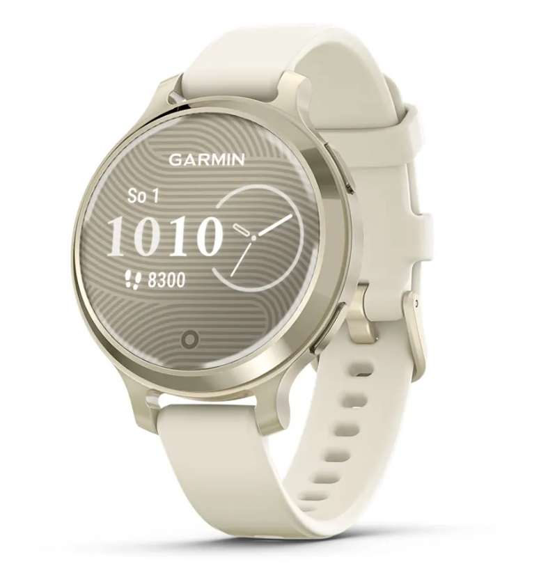 Okrągły, kremowy smartwatch Garmin ze złotą ramką i białym paskiem.