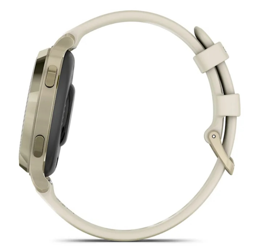 Widok z boku zegarka z kremowym paskiem na białym tle.