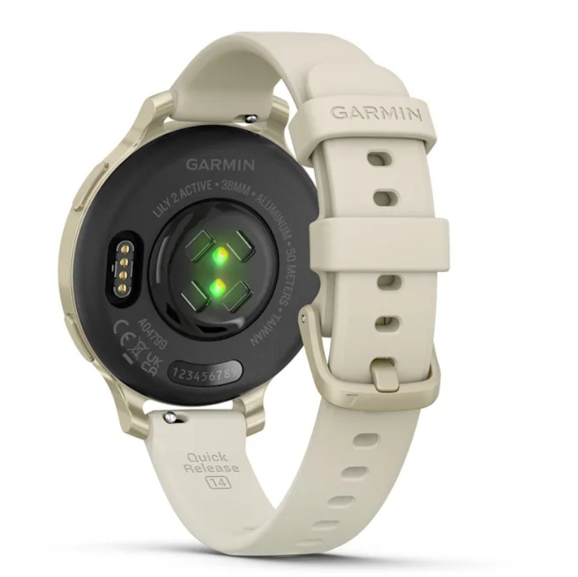 Kremowy smartwatch, widok z tyłu. Wyświetla czujnik tętna i pasek.