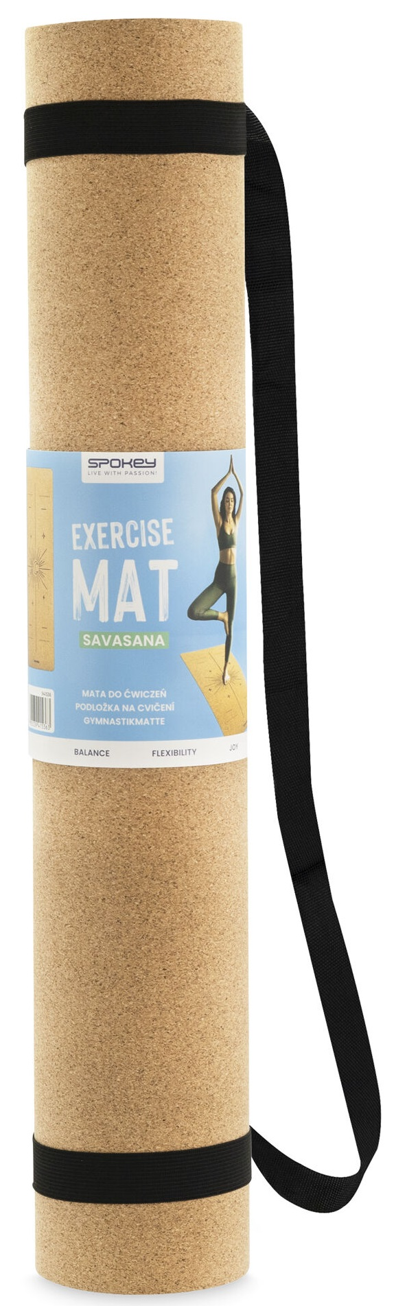 Zwinięta mata do jogi z czarnym paskiem do przenoszenia. Mata jest brązowa z niebieską etykietą.