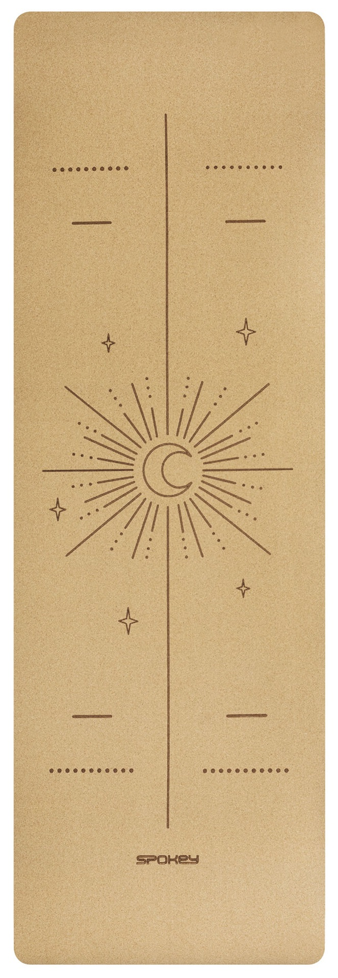 Mata do jogi z centralnym wzorem słońca i księżyca. Obecne są również gwiazdy i linie.