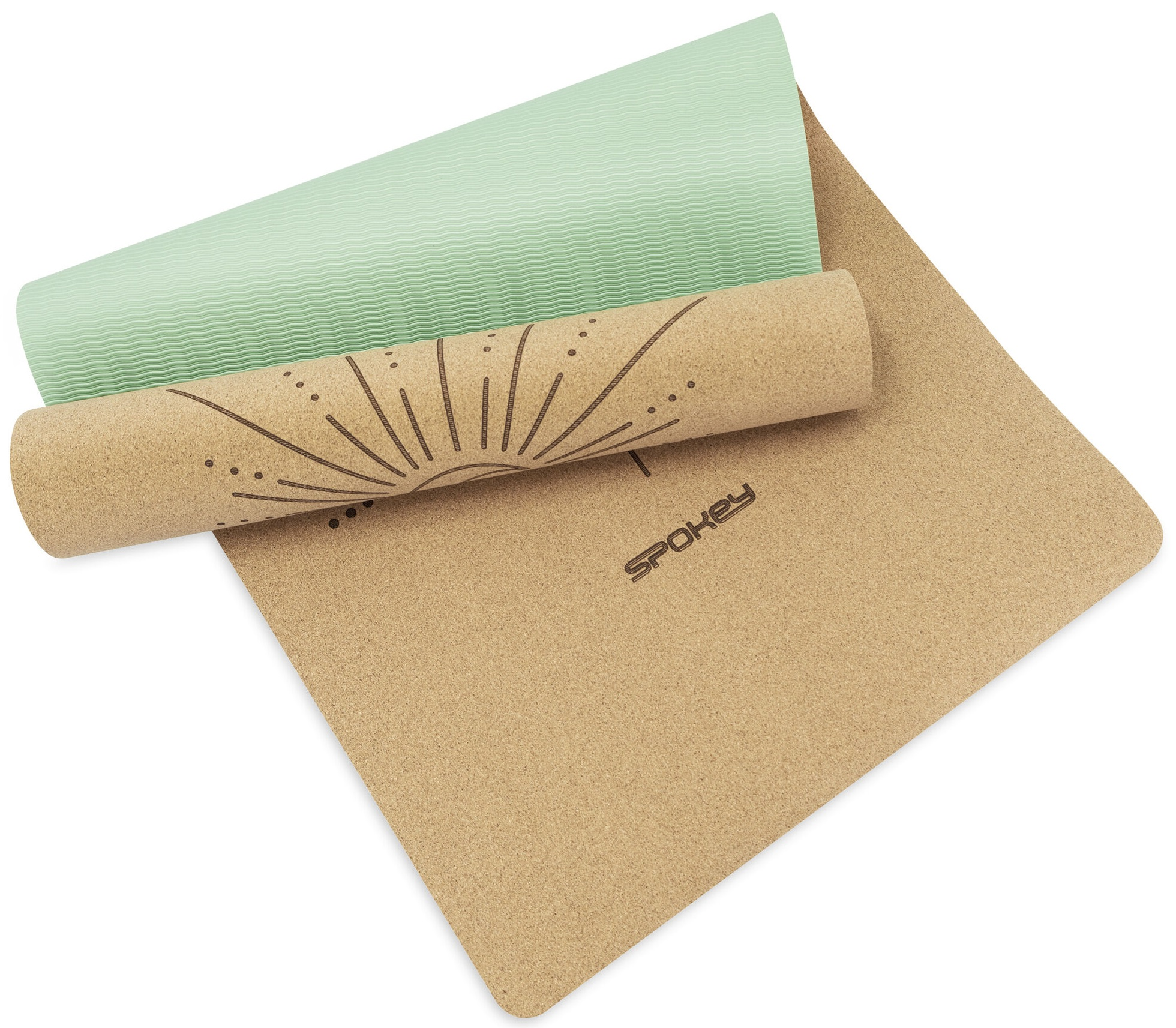 Mata do jogi zwinięta i płaska, z nadrukowanym wzorem, na białym tle.