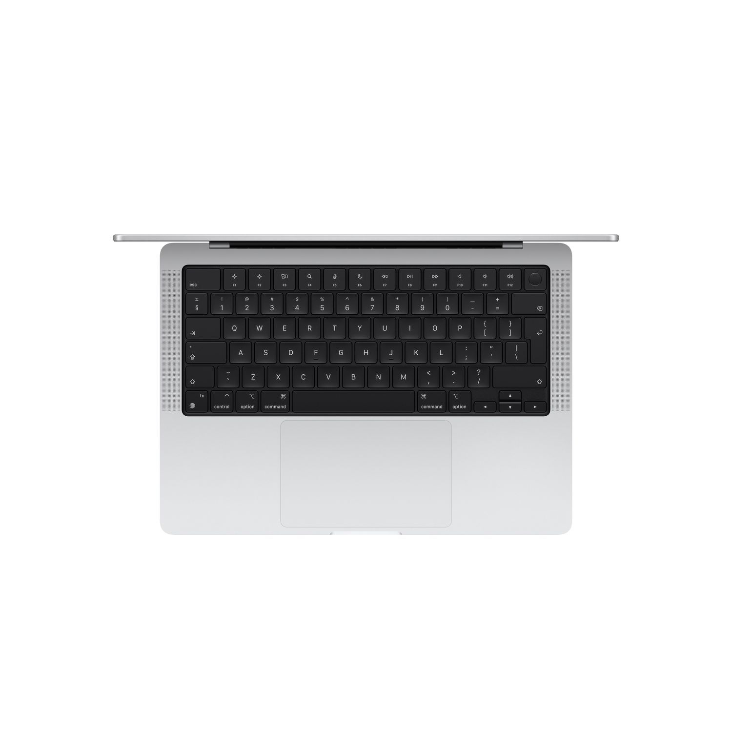 Un clavier d'ordinateur portable argenté avec un clavier noir, vu d'en haut.