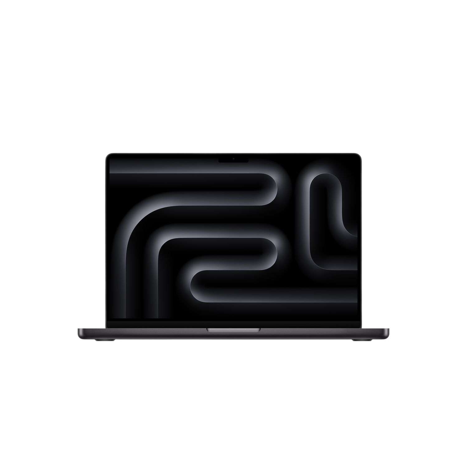 Ordinateur portable noir sur fond noir. L'écran affiche un design abstrait sombre avec des courbes.