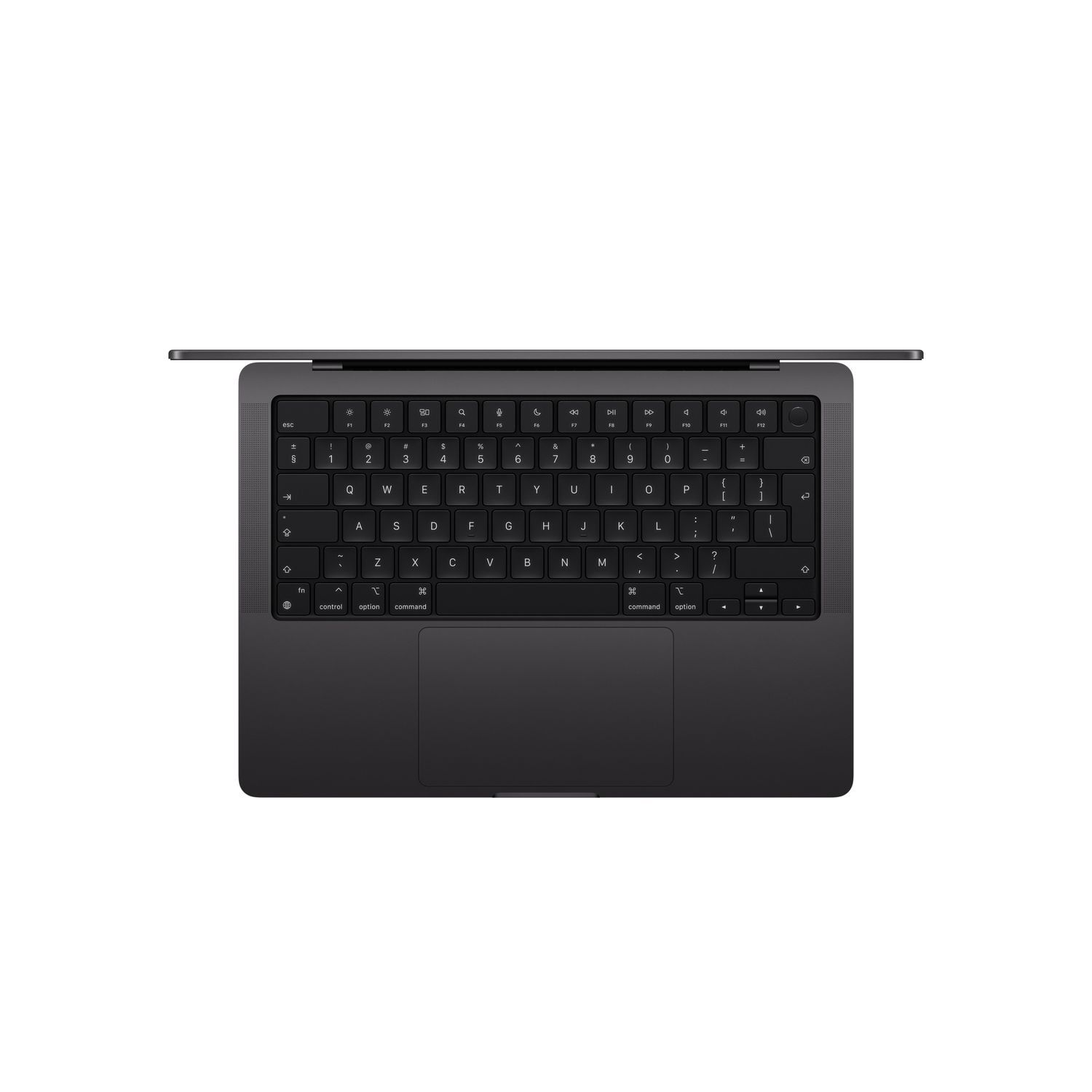 Vue de dessus d'un ordinateur portable noir avec clavier et trackpad, ouvert.