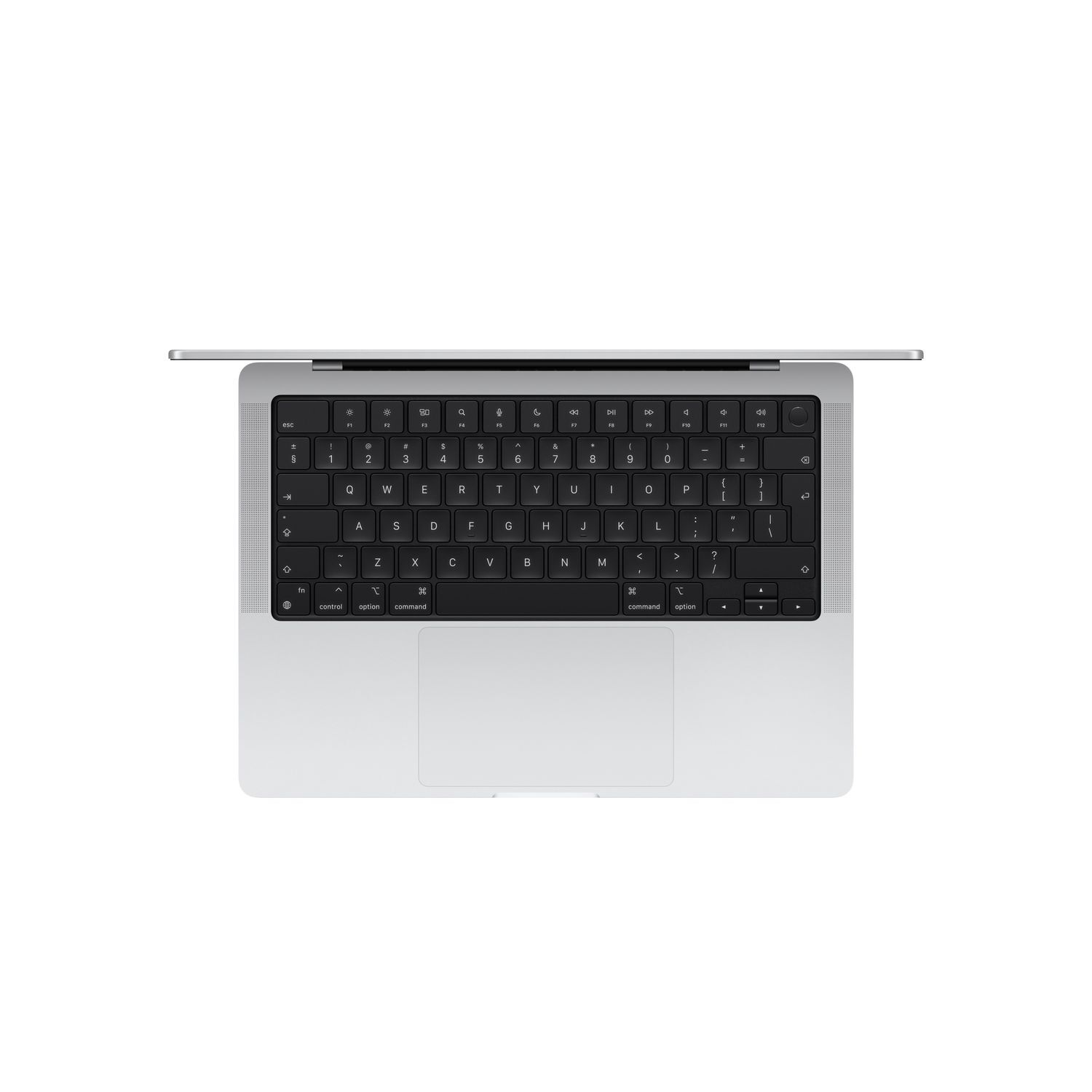 Laptoptoetsenbord, bovenaanzicht, met een zilveren behuizing en zwarte toetsen.