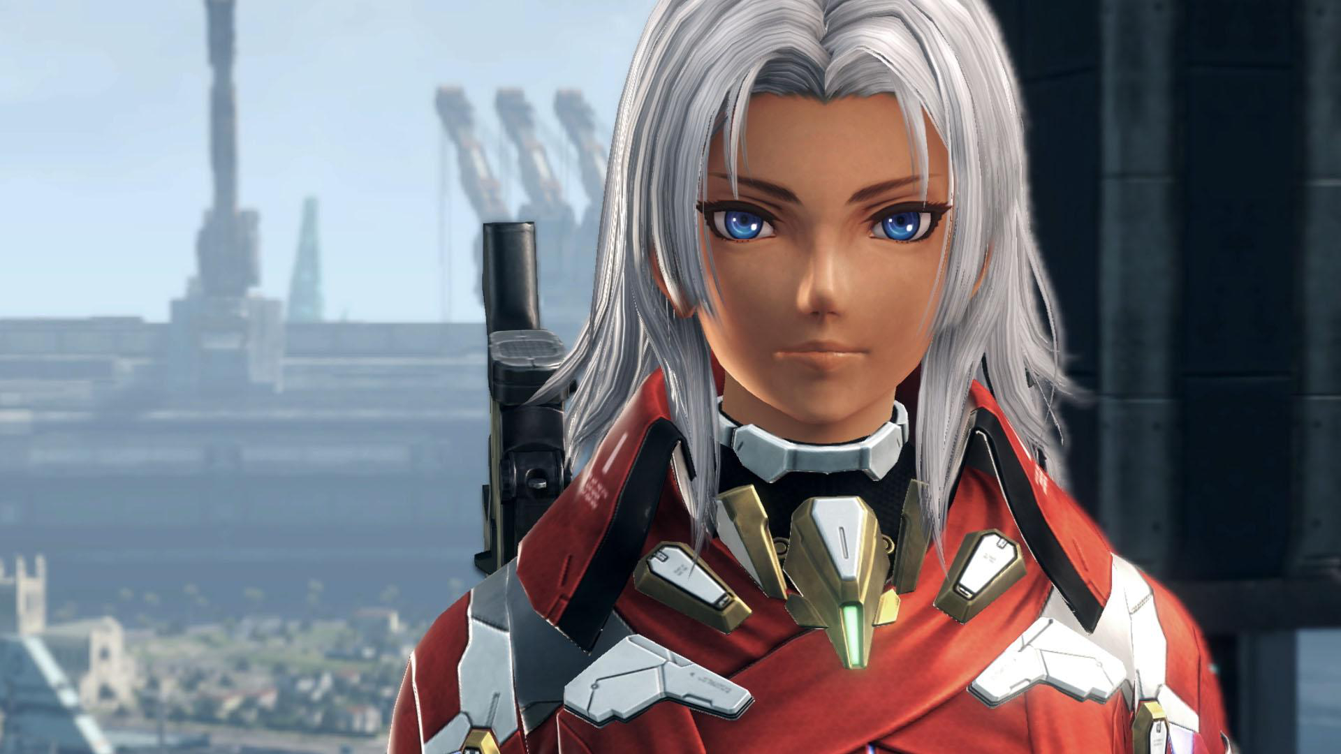Anime-Figur mit weißen Haaren, blauen Augen und einem rot-weißen Outfit.