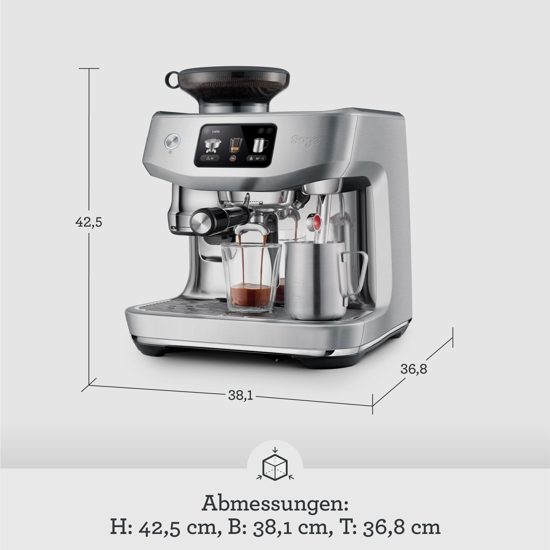 Silberne Espressomaschine, Abmessungen und Maße auf weißem Hintergrund.