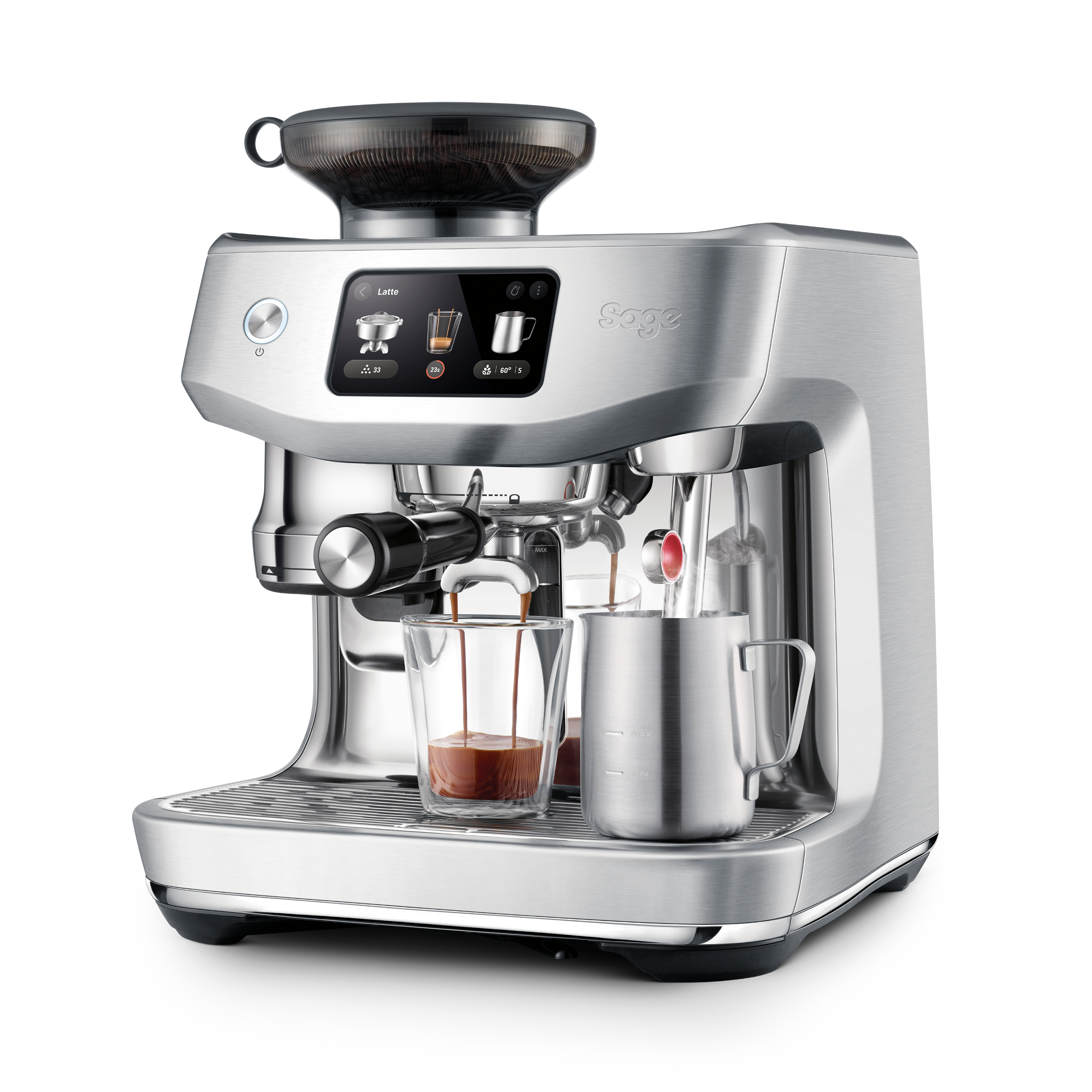 Espressomaschine aus Edelstahl mit Digitalanzeige, Siebträger und Glasbecher.