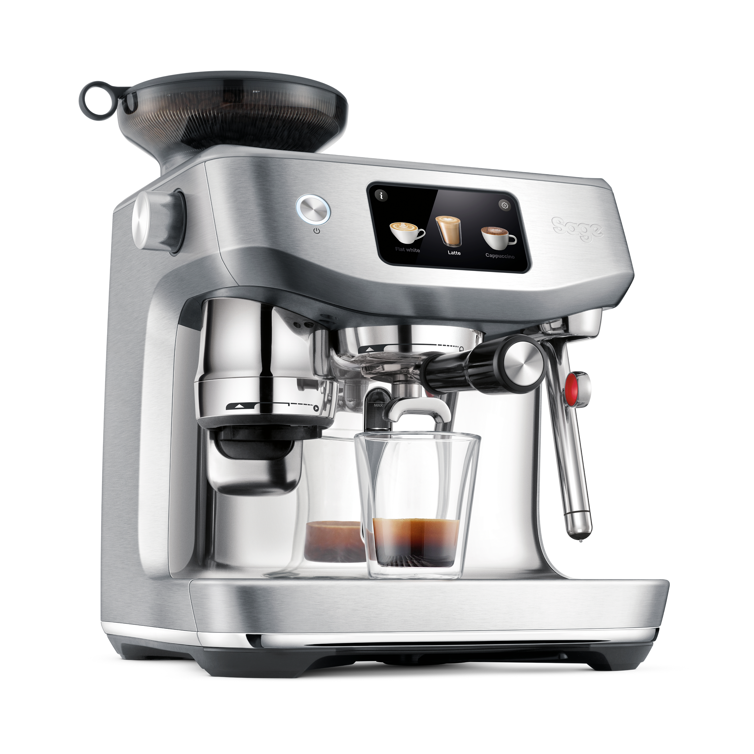 Eine silberne Espressomaschine. Sie hat einen Touchscreen, Kaffeetassen und einen Griff zum Ausgeben von Kaffee.