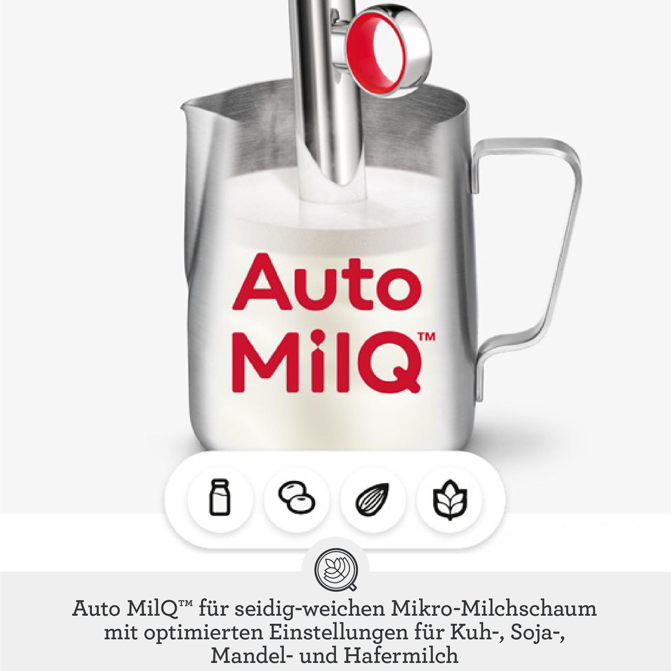Ein Milchaufschäumer aus Edelstahl mit roten Details. Der Text 'Auto MilQ' steht auf der Vorderseite.