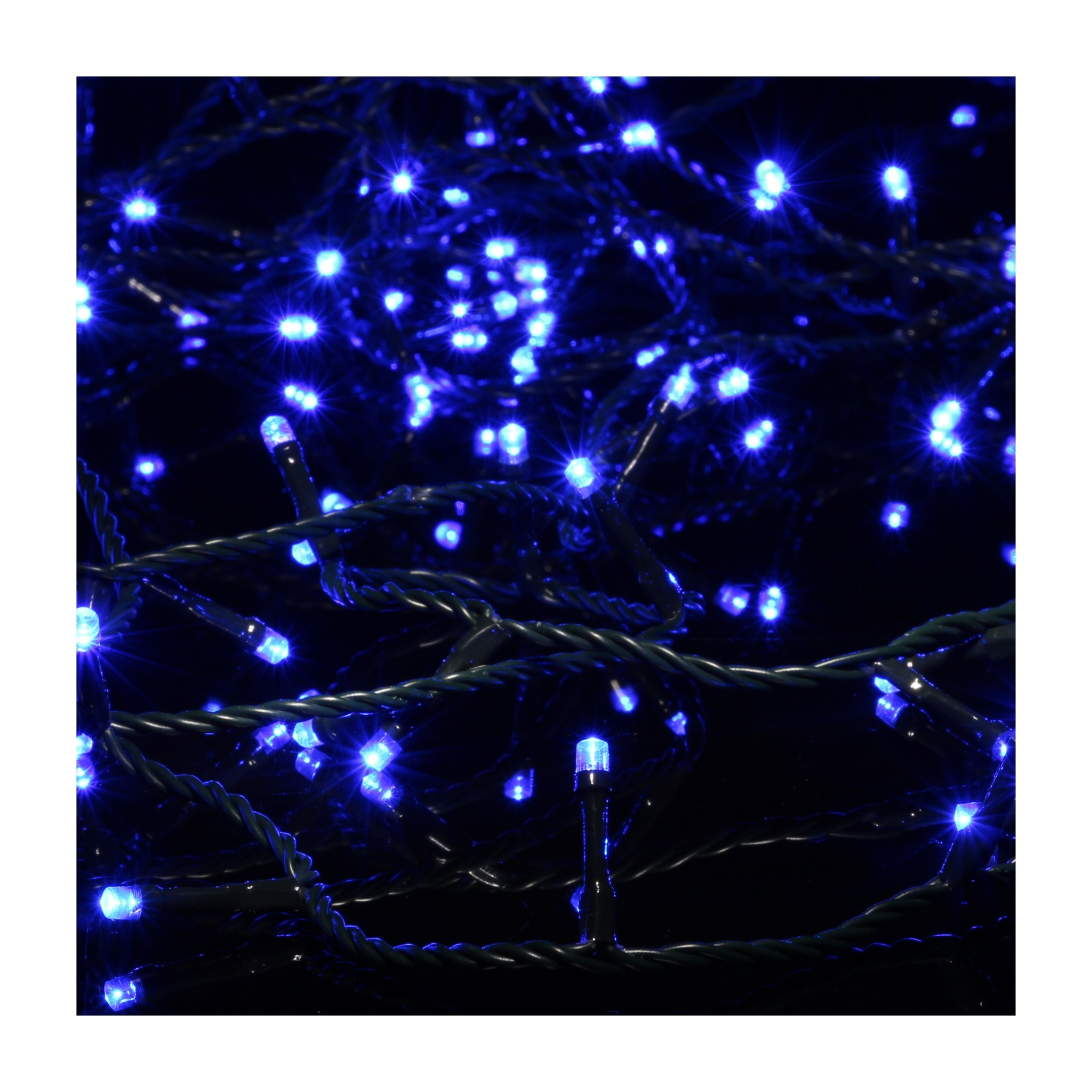 Primo piano di luci a stringa LED blu su sfondo scuro, illuminate.