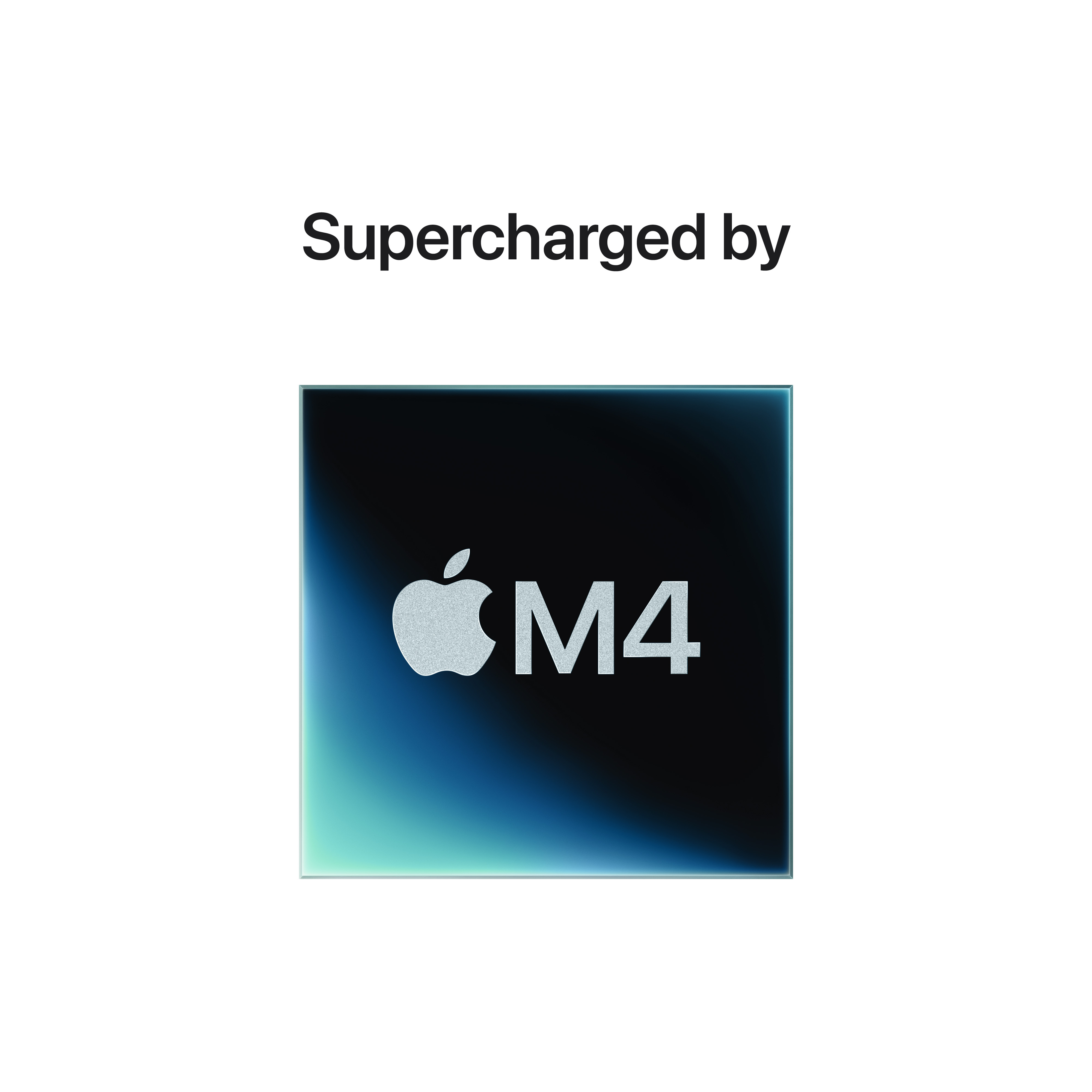 Logo del chip Apple M4. Il testo sopra dice: 'Supercharged by'. Il logo è bianco su sfondo blu scuro.