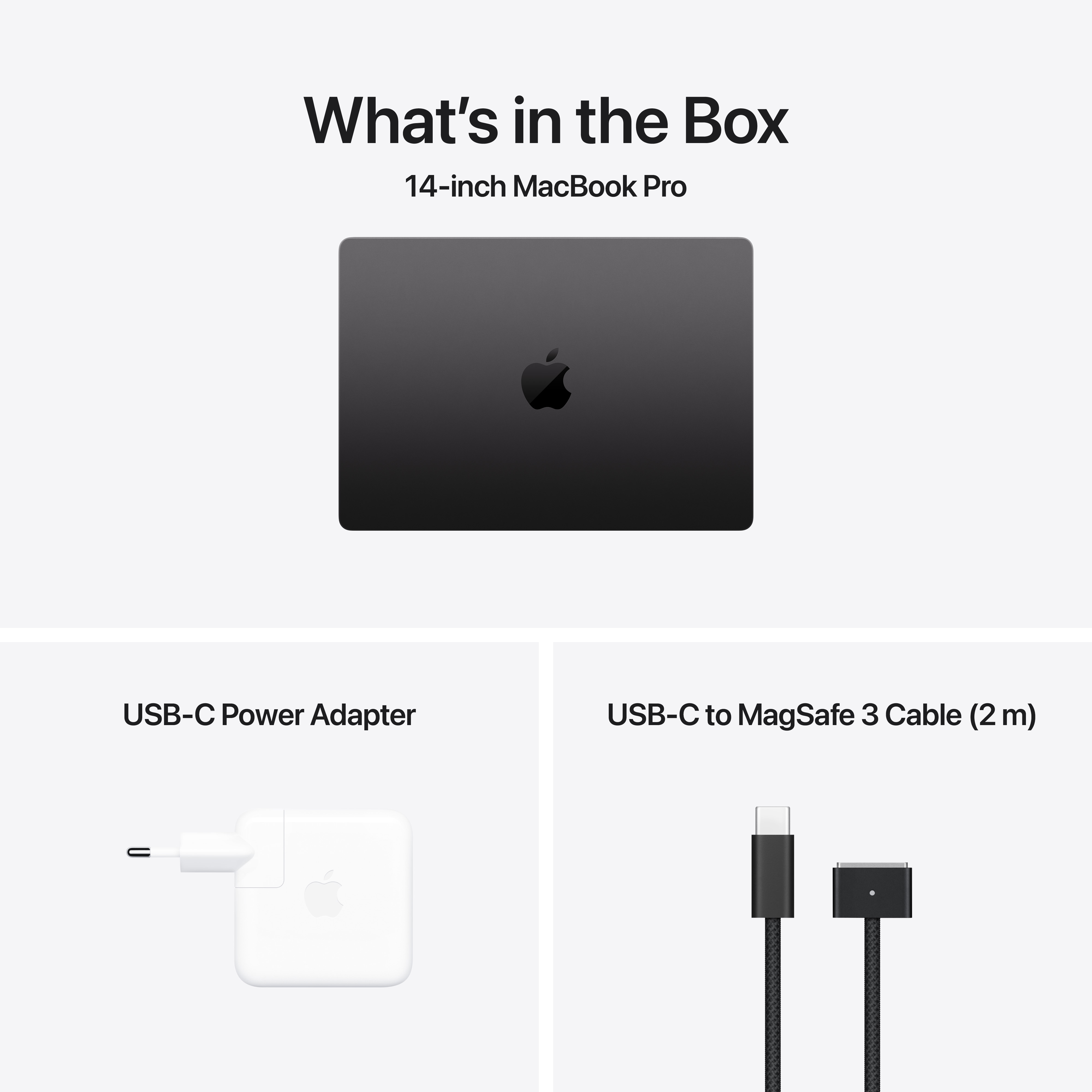 L'immagine mostra un MacBook Pro, un adattatore di alimentazione USB-C e un cavo USB-C a MagSafe 3.
