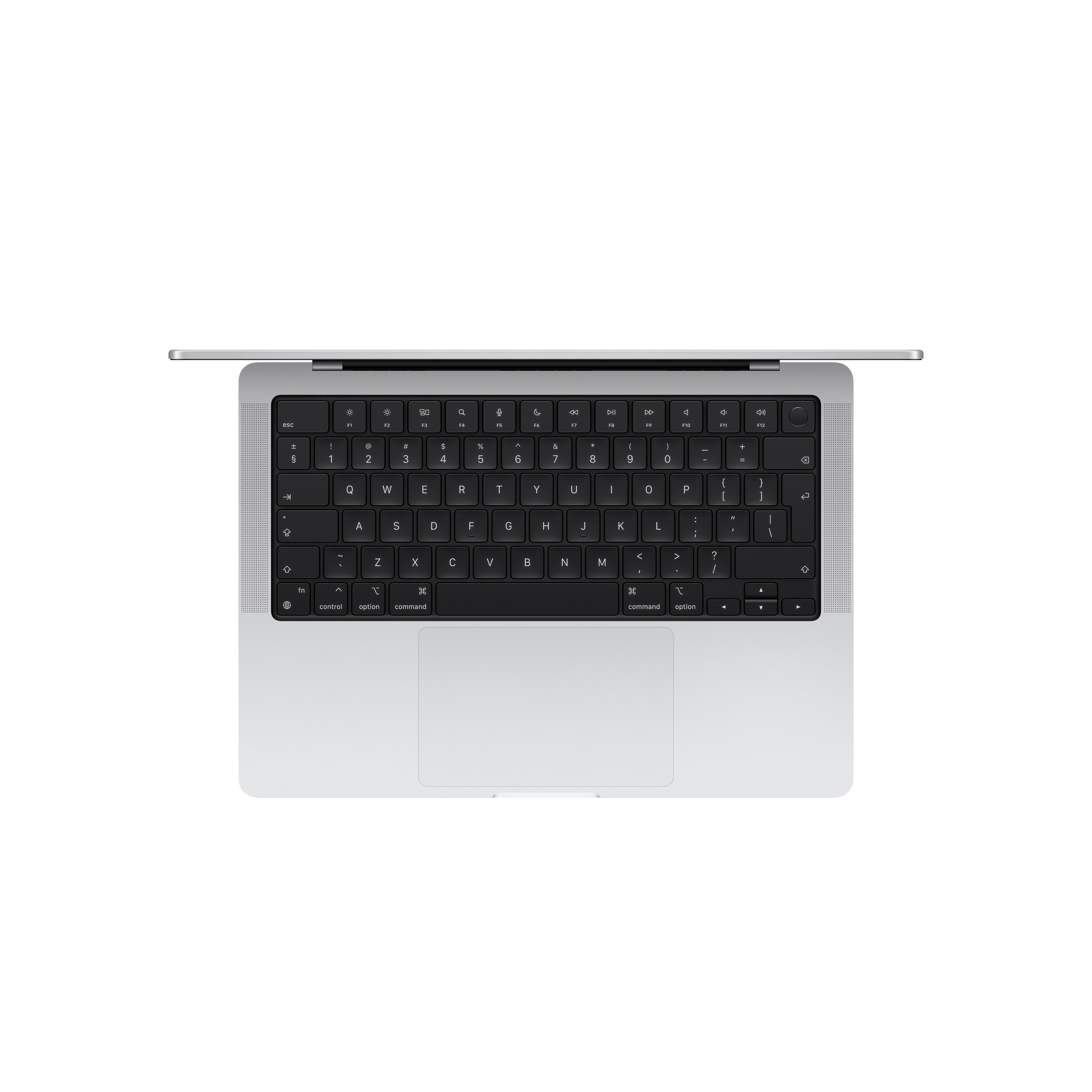 Vista dall'alto della tastiera del laptop, colore argento con tasti neri e un trackpad.