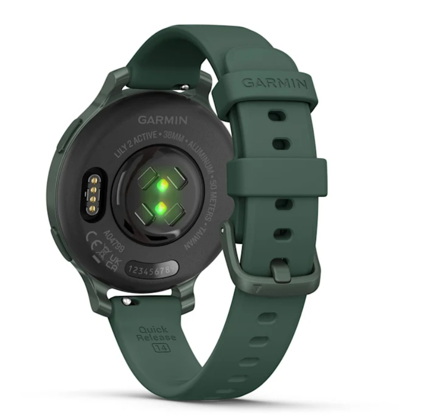 Zielony smartwatch Garmin pokazujący tył z czujnikami i zielonym paskiem na białym tle.