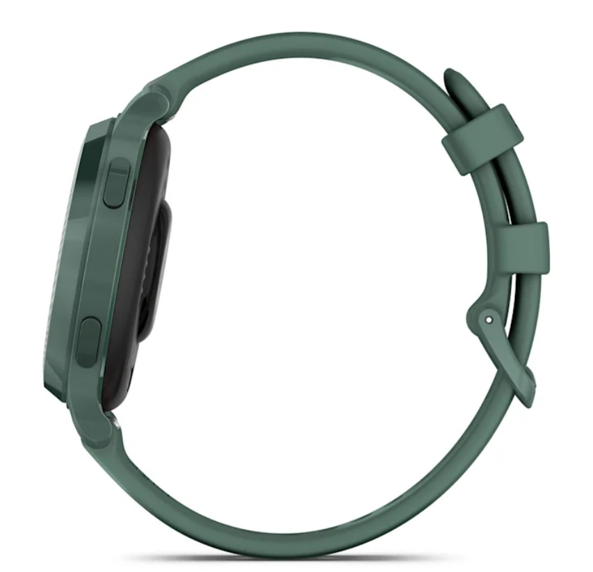 Widok z boku zielonego smartwatcha z zielonym paskiem. Ekran jest czarny.