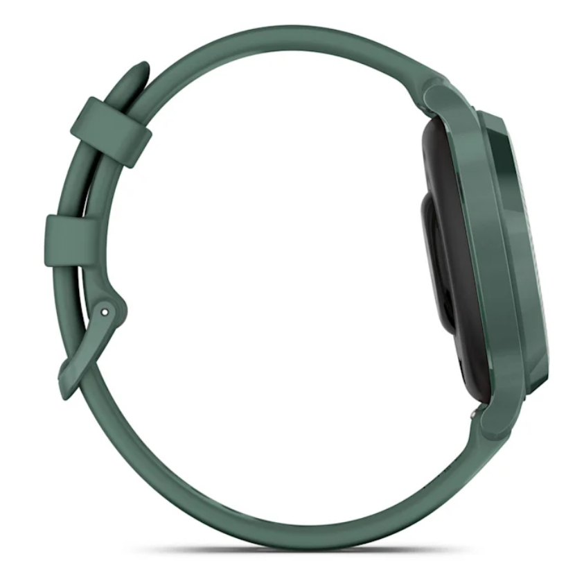 Widok z boku zielonego smartwatcha z zielonym paskiem, wyświetlającego okrągły ekran.