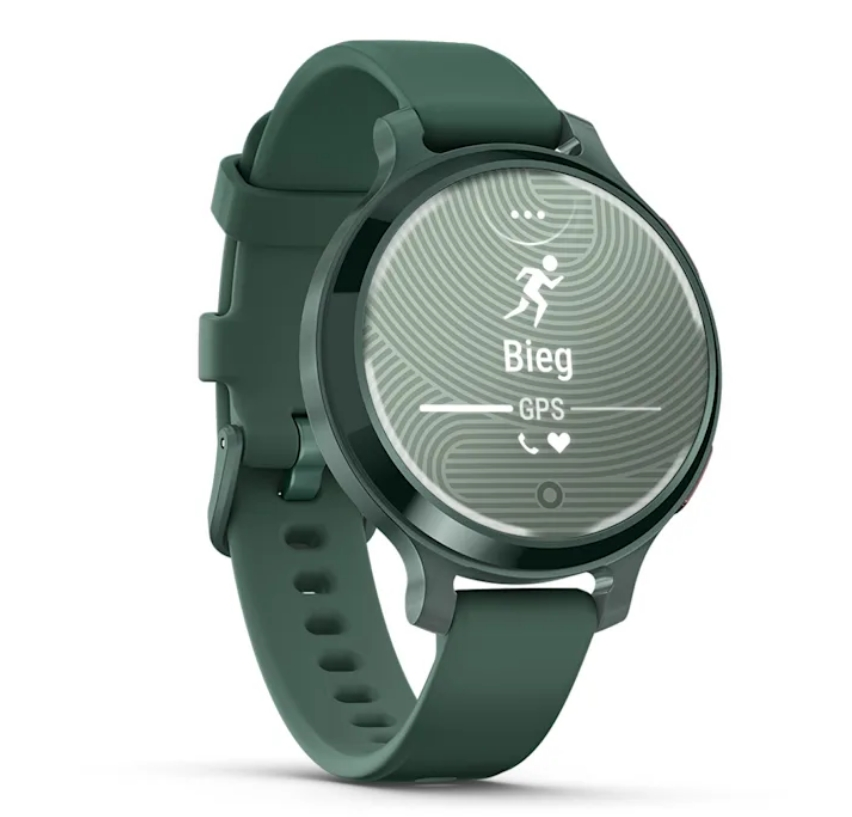 Zielony smartwatch z okrągłą tarczą, wyświetlający ikonę biegu i słowo 'Bieg'.